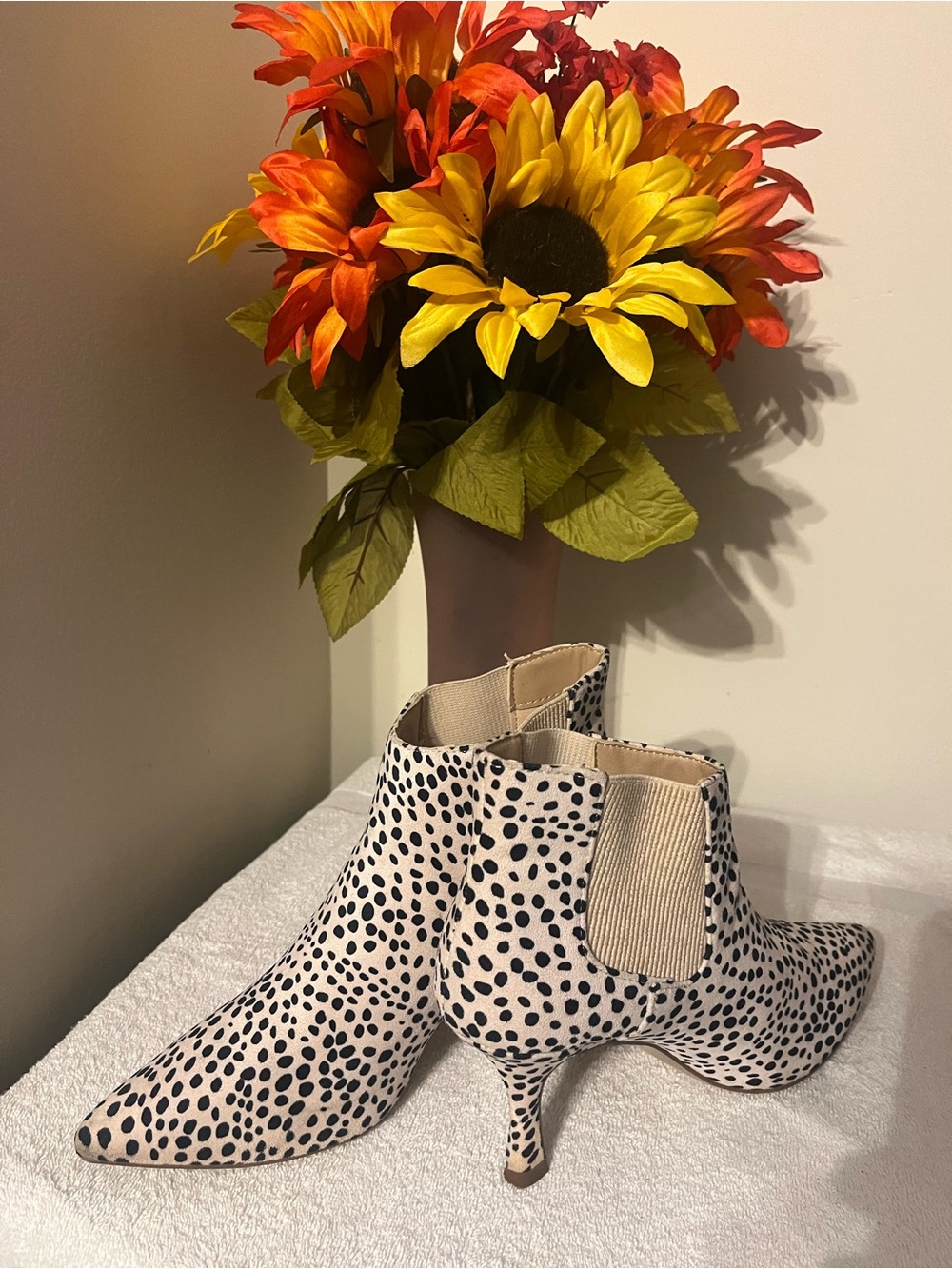 Journee Collection Beige and Black Spotted Pointed Ankle Booties